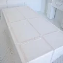 Авторская льняная скатерть с кружевными квадратами 155х225 см. Ручной крой.