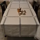 Авторская льняная скатерть с кружевными квадратами 155х225 см. Ручной крой.