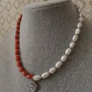 Бусы из речного жемчуга и запеченного коралла с кулоном "Инь-Янь" серебро 925, браслет в подарок при покупке в течении 3х дней