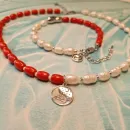 Бусы из речного жемчуга и запеченного коралла с кулоном "Инь-Янь" серебро 925, браслет в подарок при покупке в течении 3х дней