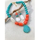 Объемное колье «Тенерифе» с кораллом, турквенитом и перламутром в круизном стиле ручной работы