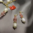 Комплект: колье, браслет и серьги из натурального речного жемчуга и кварца с подвесками