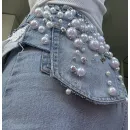 Авторская джинсовая баска с белым кружевом и бусами «жемчуг»