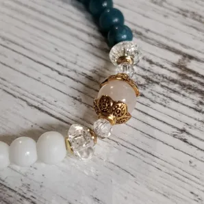 Браслет из дюмортьерита и моржовой кости с розовым кварцем