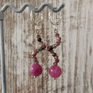 Серьги с розовым халцедоном и турмалином