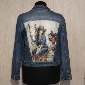 Куртка джинсовая с принтом ручной работы " Ковбойская", с белой лошадью