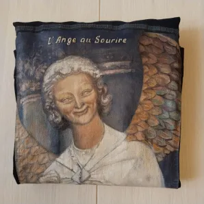 Куртка джинсовая с принтом ручной работы скульптура "Улыбающийся ангел из Реймса"