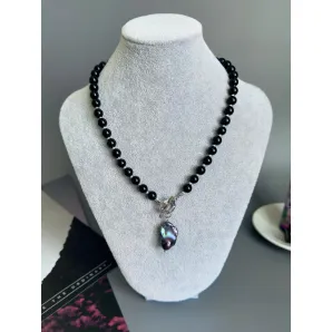 Колье из натурального черного оникса, подвеска барочная жемчужина