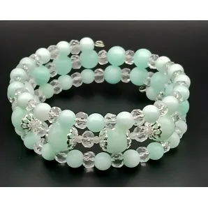Браслет многорядный амазонит и горный хрусталь