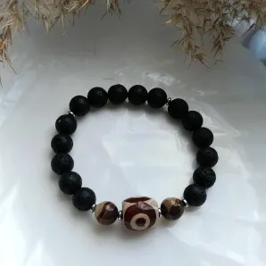 Мужской браслет с ДЗИ 1 глаз, агатом и вулканической лавой.