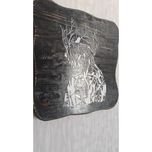 Панно из массива дерева сосна, структурная паста, под лаком. Черное, арт объект профиль лица девушки