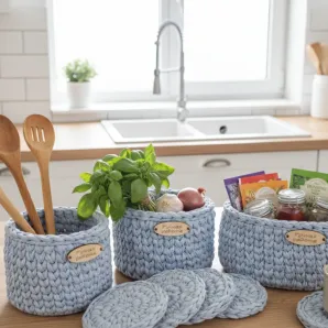 корзинки из трикотажной пряжи с подставками, 3шт