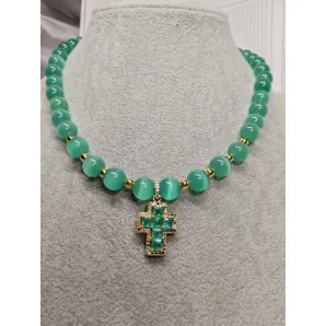 Бусы кошачий глаз с крестиком