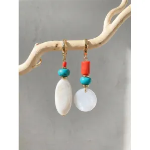 Асимметричные серьги «Тенерифе» из турквенита, коралла и белого перламутра | Летние дизайнерские серьги ручной работы