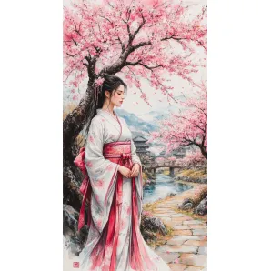 Картина маслом "Девушка в сакуре" (акварельный стиль)