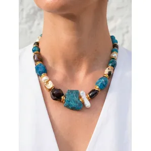 Колье из микса апатита, граната, агата, бронзита, лэмпворк, натурального и искусственного жемчуга