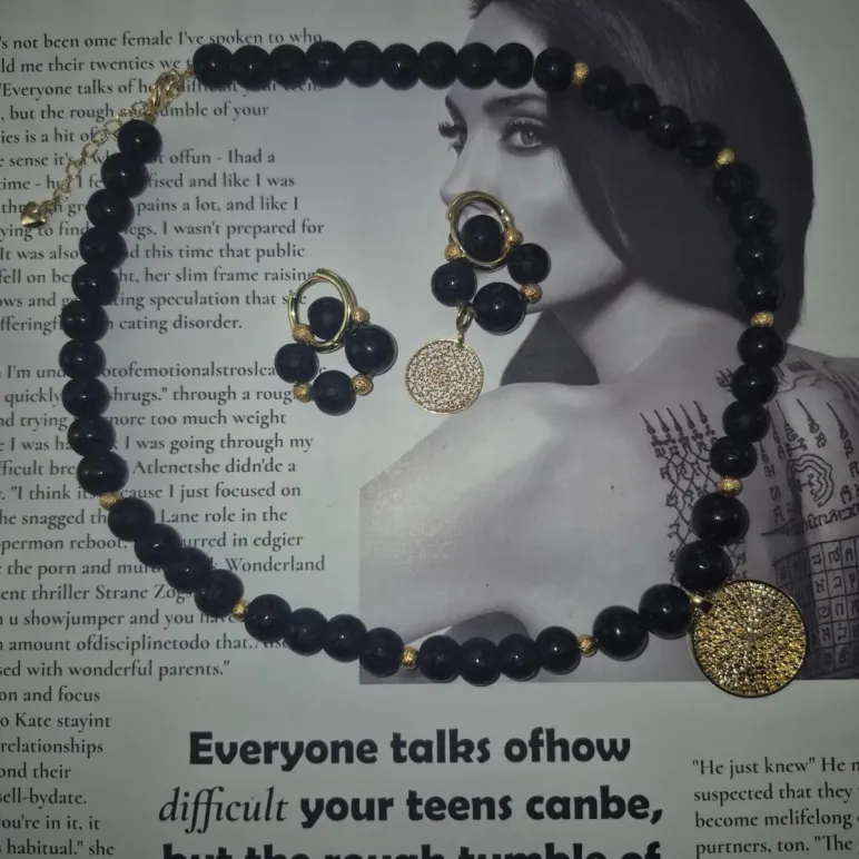 Чокер и серьги из матового чёрного агата