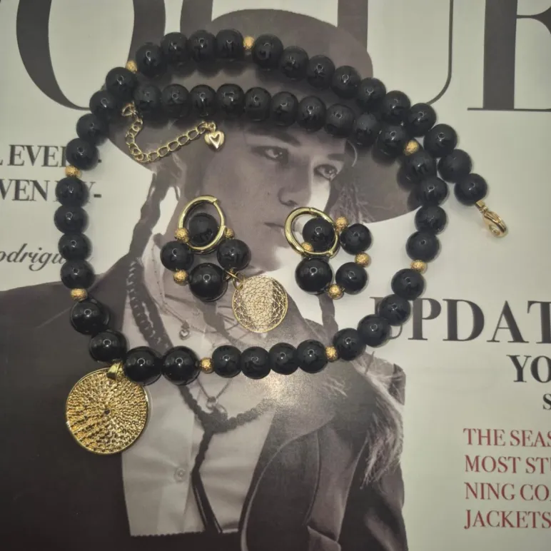 Чокер и серьги из матового чёрного агата