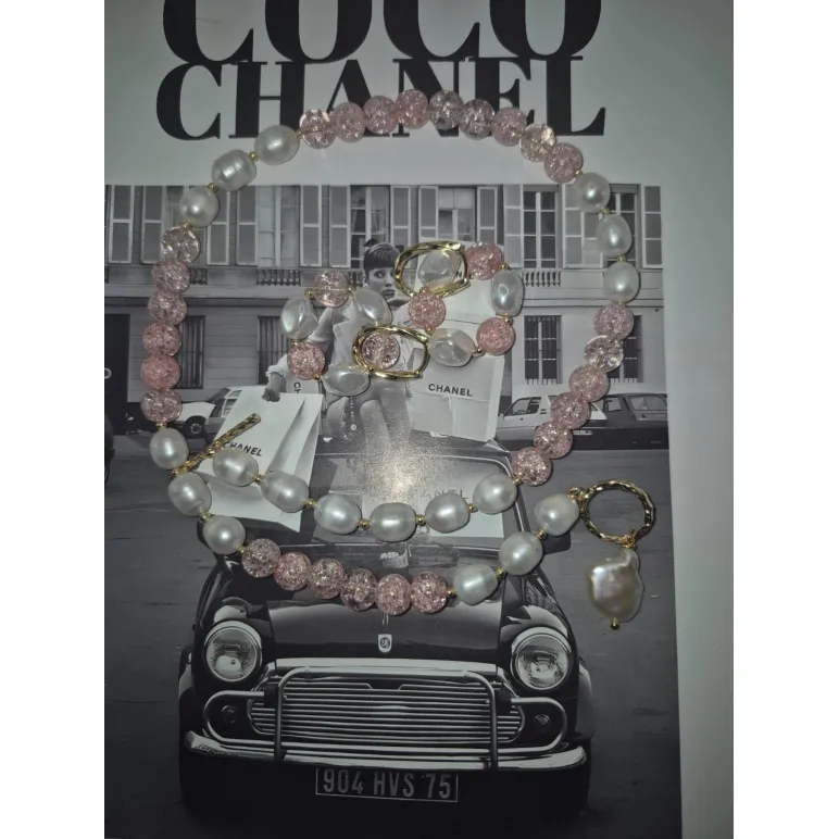 Чокер и серьги из натурального жемчуга и розового кварца