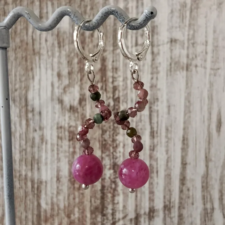 Серьги с розовым халцедоном и турмалином