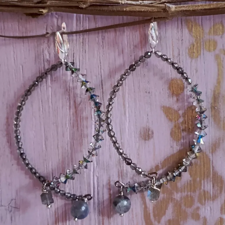 Серьги с лабрадором и раухтопазом