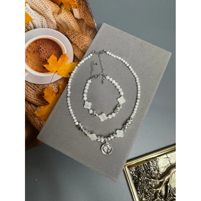 Комплект украшений Чокер из натурального перламутра и гематита, с подвеской с бабочкой и браслет