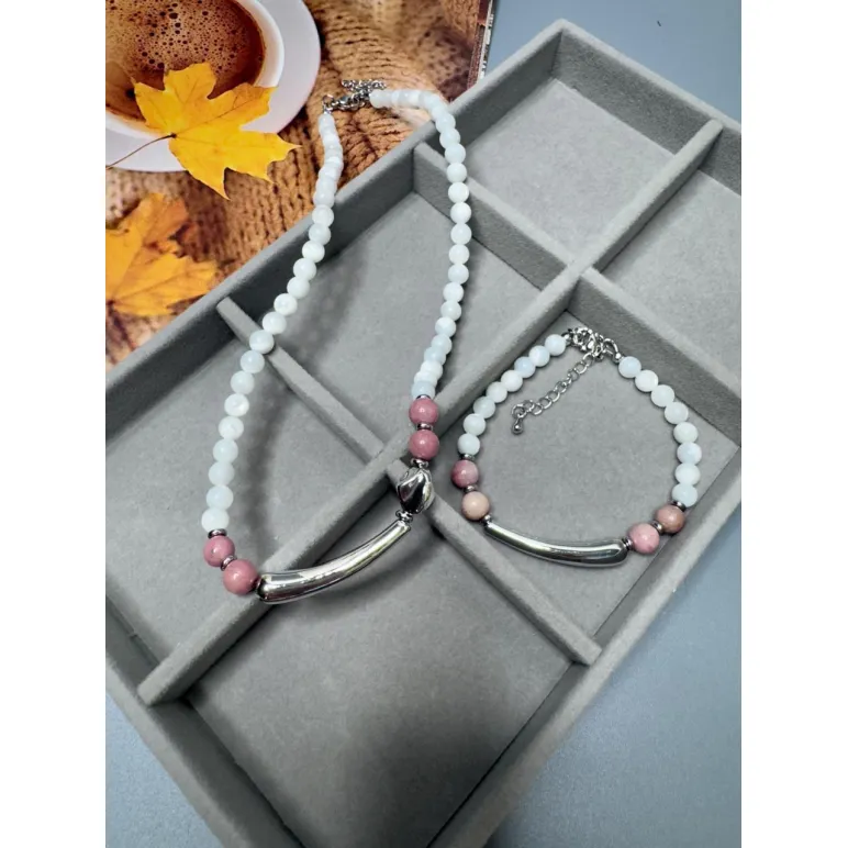 Комплект украшений Чокер из натурального перламутра и родонита и браслет