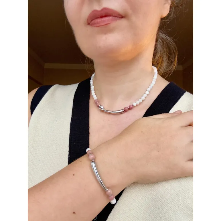 Комплект украшений Чокер из натурального перламутра и родонита и браслет