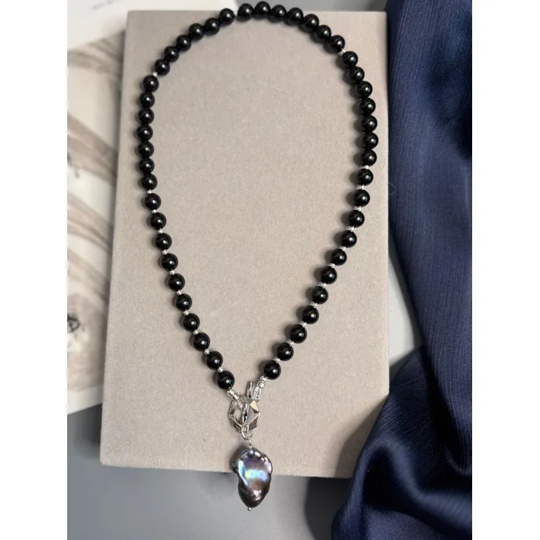 Колье из натурального черного оникса, подвеска барочная жемчужина