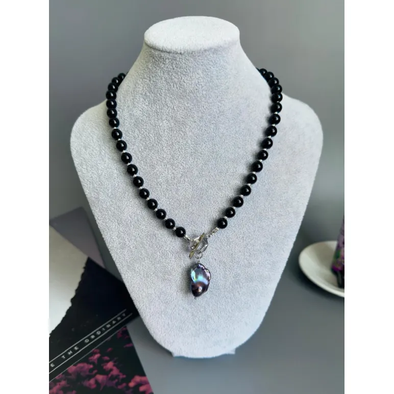 Колье из натурального черного оникса, подвеска барочная жемчужина