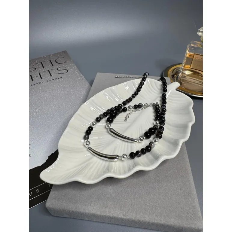 Комплект украшений Чокер из натурального агата и гематита с металлической вставкой и браслет