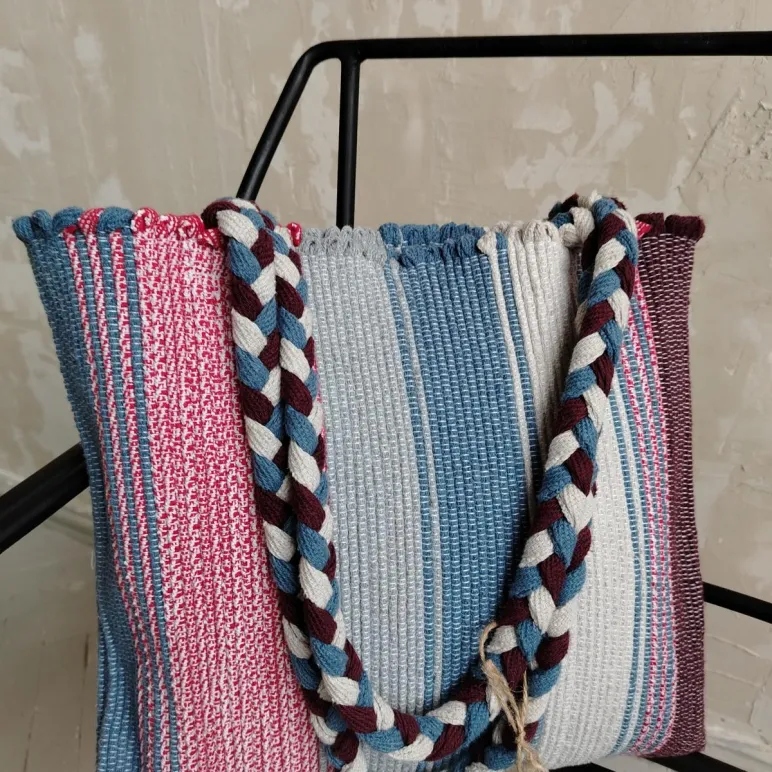 Сумка шопер из хлопковвых шнурков. Ручное ткачество.