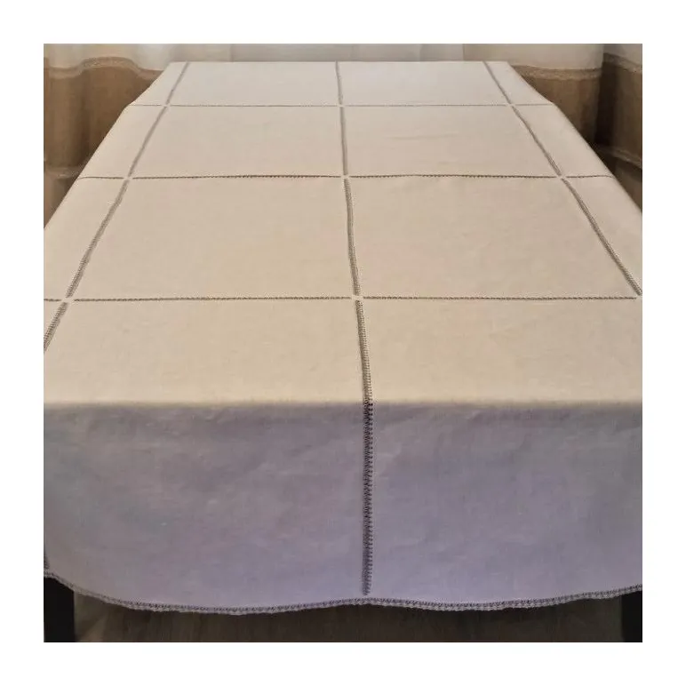 Авторская льняная скатерть "квадраты" с узким кружевом 155х225 см. Ручной крой.