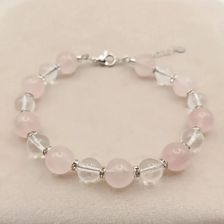Браслет с розовым кварцем и горным хрусталем