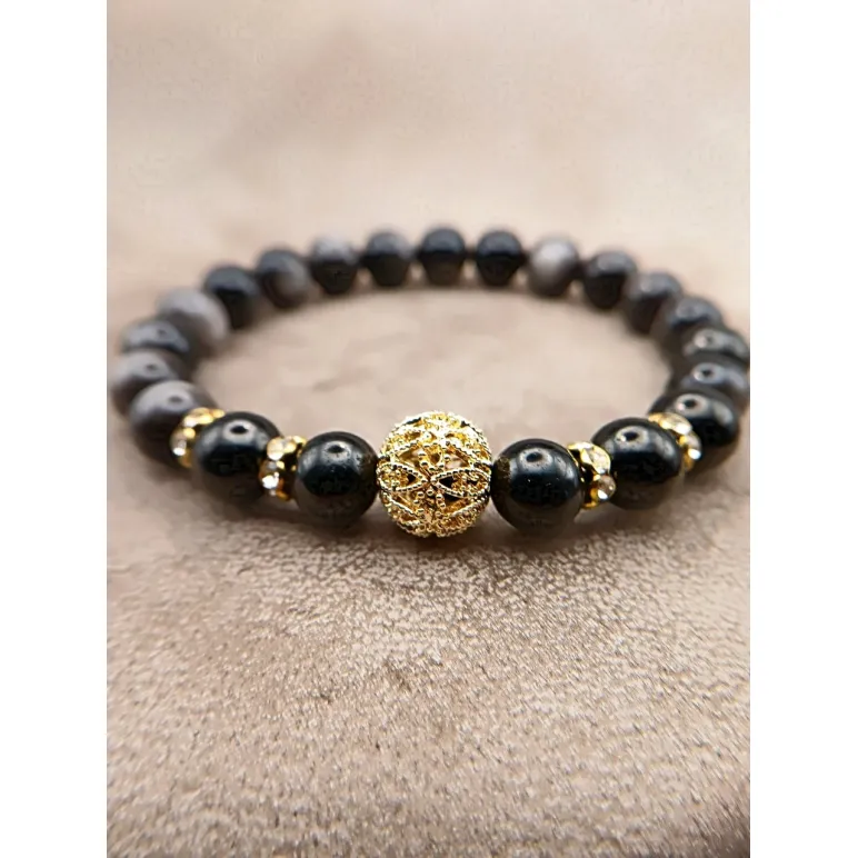 Браслет с обсидианом и гагатом