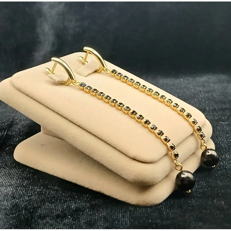 Серьги гагат на стразовой цепочке