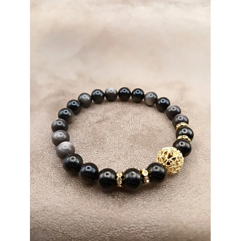 Браслет с обсидианом и гагатом