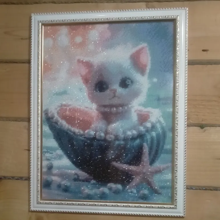 картина, панно, котенок в ракушке, алмазная мозаика