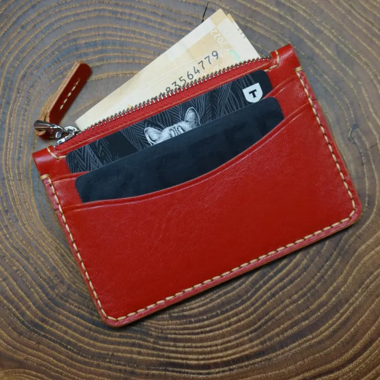 Картхолдер на молнии из натуральной кожи, ручная работа