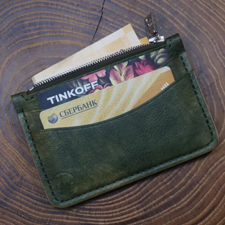 Картхолдер на молнии из натуральной кожи, ручная работа