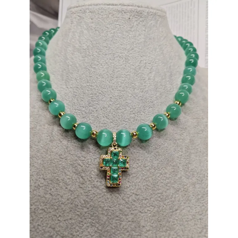 Бусы кошачий глаз с крестиком