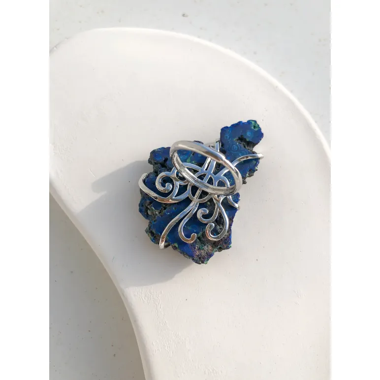 Безразмерное женское кольцо с натуральным азуритом ручной работы | Дизайнерское кольцо с уникальным камнем азурит