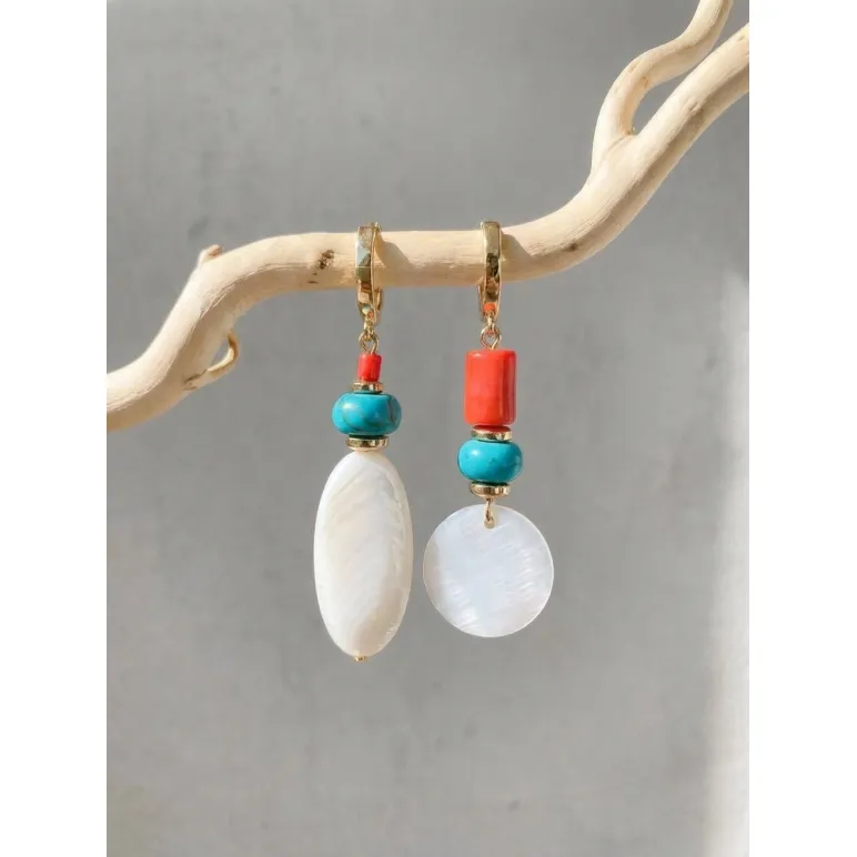 Асимметричные серьги «Тенерифе» из турквенита, коралла и белого перламутра