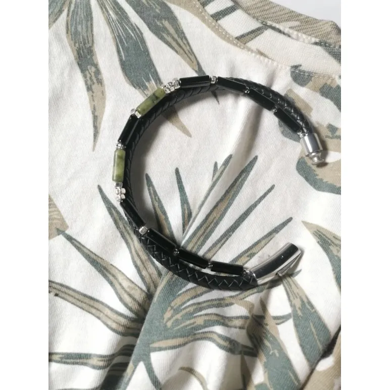 Браслет мужской, нефрит, агат, кожа