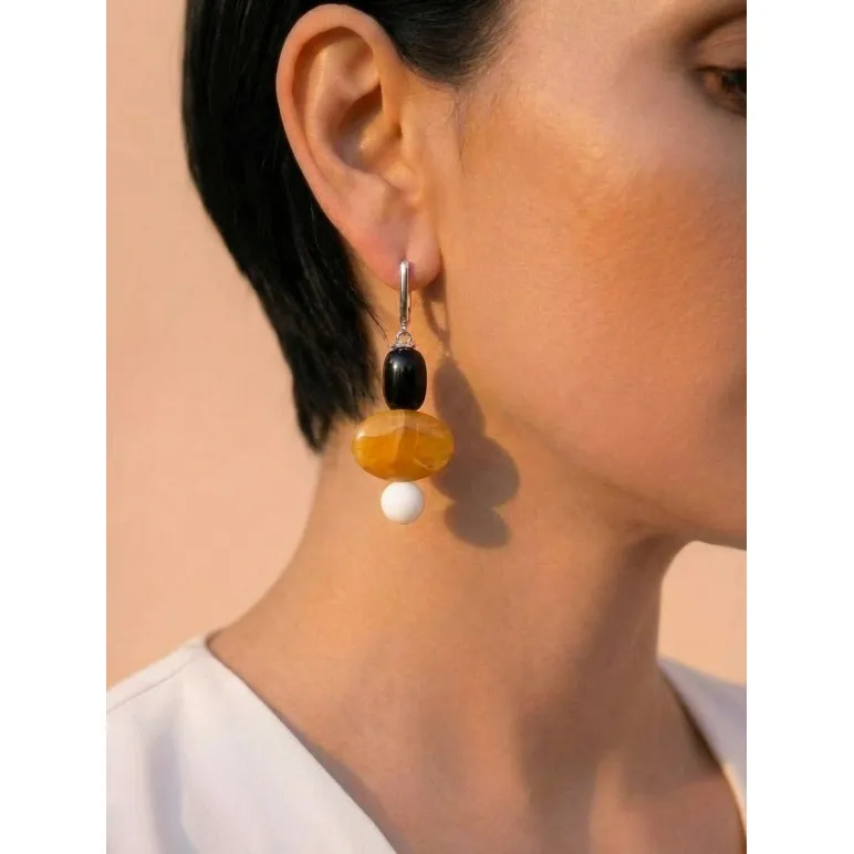 Асимметричные серьги с симбирцитом, белым и черным агатом ручной работы | Серьги в стиле геометрия с натуральными камнями