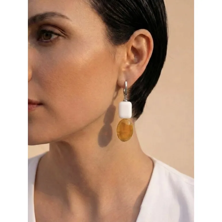 Асимметричные серьги с симбирцитом, белым и черным агатом ручной работы | Серьги в стиле геометрия с натуральными камнями