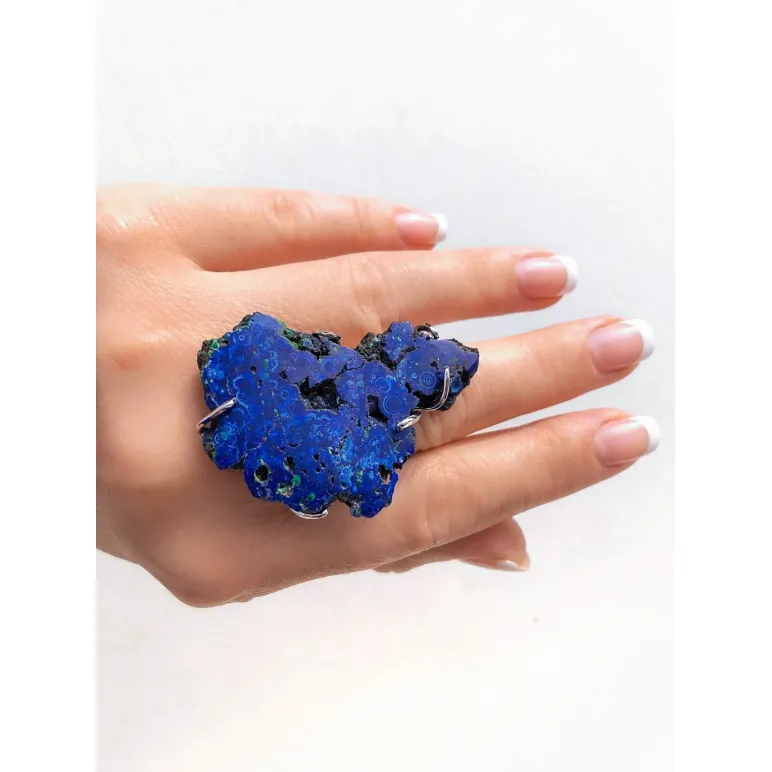 Безразмерное женское кольцо с натуральным азуритом ручной работы | Дизайнерское кольцо с уникальным камнем азурит