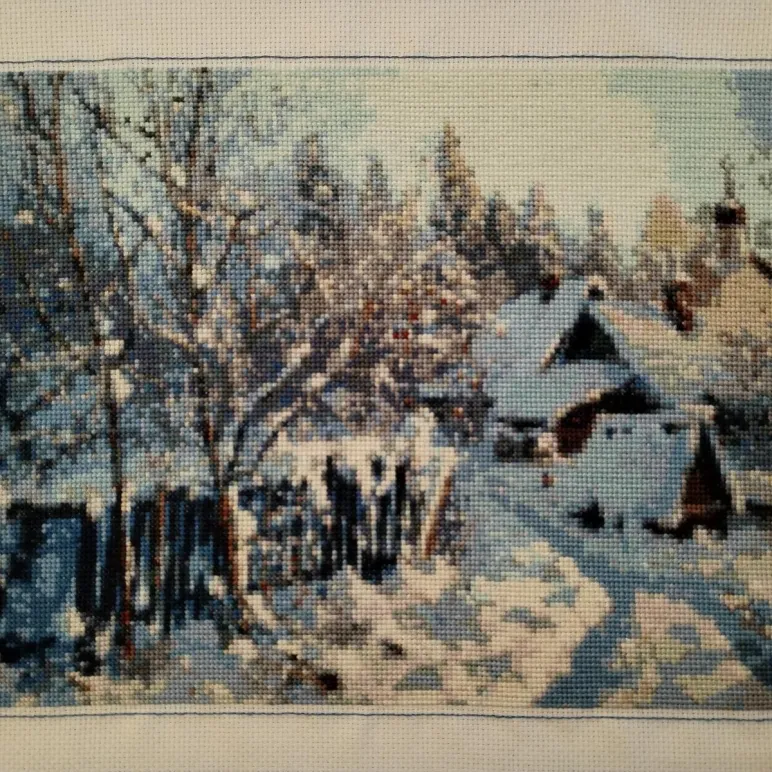 Картина вышитая крестом "Зима в русской деревне"