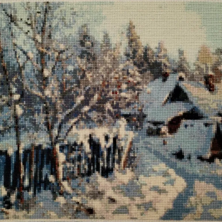 Картина вышитая крестом "Зима в русской деревне"