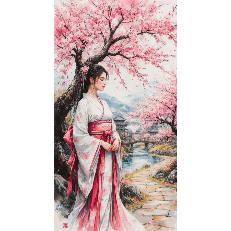 Картина маслом "Девушка в сакуре" (акварельный стиль)